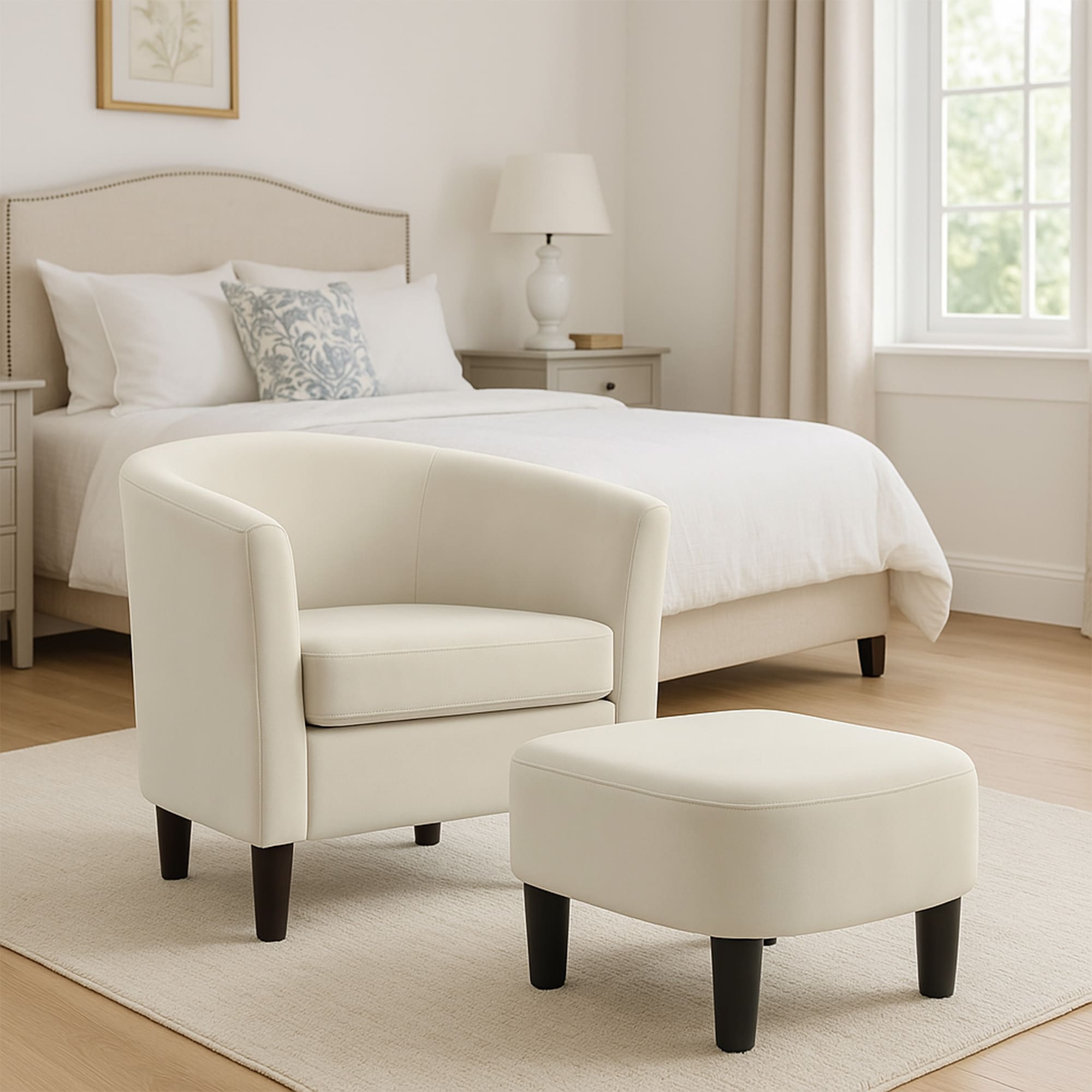 Velvet Accent Chair With Ottoman, Modern Barrel Chair Armchair For Living Room, Bedroom, White_maomaolike.com